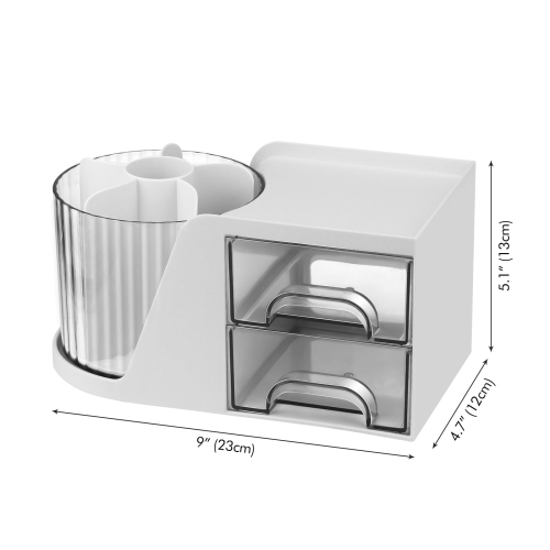 Rotating Desk Organizer, Pen holder with 2 Drawers, Stationery Accessories Cosmetics Storage Box for Office School Home