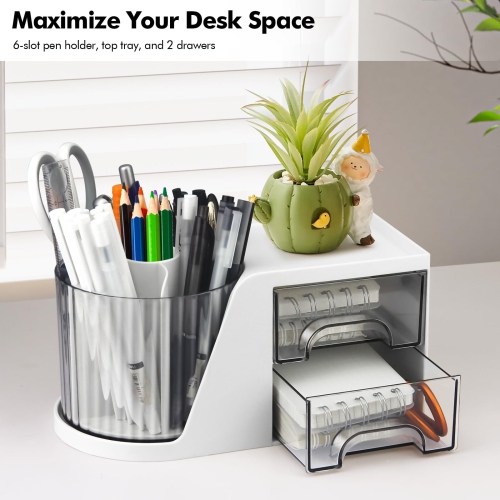 Rotating Desk Organizer, Pen holder with 2 Drawers, Stationery Accessories Cosmetics Storage Box for Office School Home