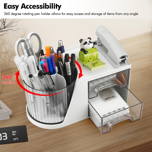 Rotating Desk Organizer, Pen holder with 2 Drawers, Stationery Accessories Cosmetics Storage Box for Office School Home