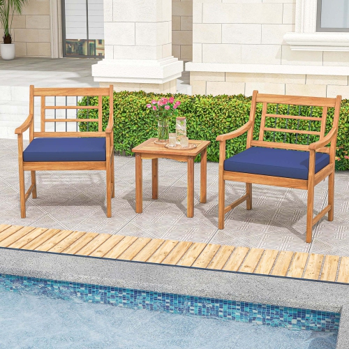 COSTWAY  3 Pieces Acacia Wood Patio Bistro Set Outdoor Conversation Set With Cushions