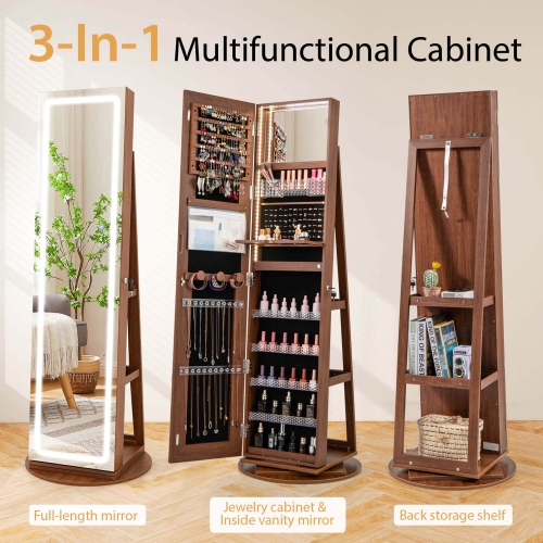 Costway 360° Swivel Jewelry Cabinet Organizer 3-Color LED Mirror with Built-in Lights