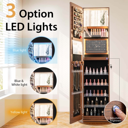 Costway 360° Swivel Jewelry Cabinet Organizer 3-Color LED Mirror with Built-in Lights