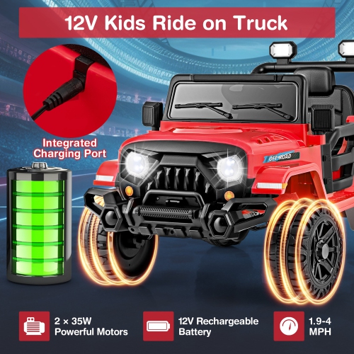 Gymax 12V Kids Ride on Truck Car w/Remote Control Threaded Wheels 3 Speeds LED Lights