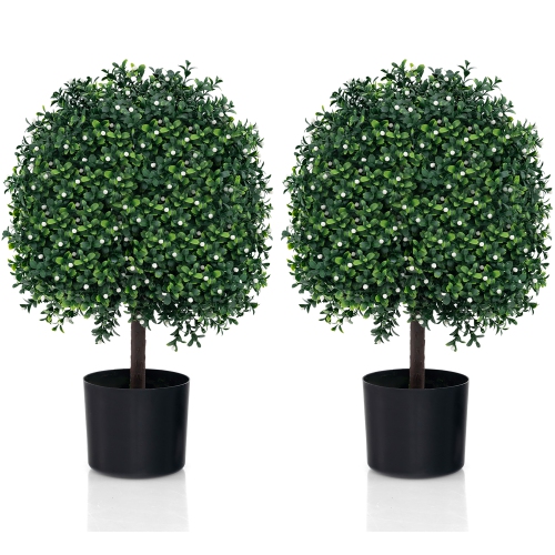 GYMAX  2 PCs Artificial Boxwood Topiary Ball Tree W/uv Rated Leaves 343 Fruits for Home In White