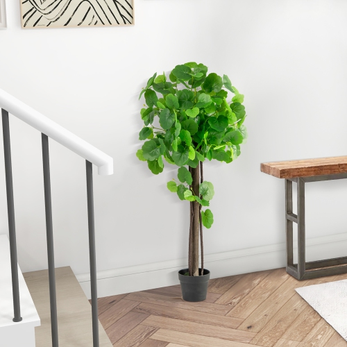 Gymax 44'' Artificial Crabapple Tree w/ Real Wood Trunk Adjustable Branches Faux Grass