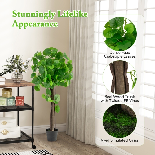 Gymax 44'' Artificial Crabapple Tree w/ Real Wood Trunk Adjustable Branches Faux Grass