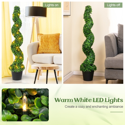 Gymax 47'' Pre-Lit Artificial Boxwood Spiral Topiary Tree Set of 2 w/ 100 LED Lights