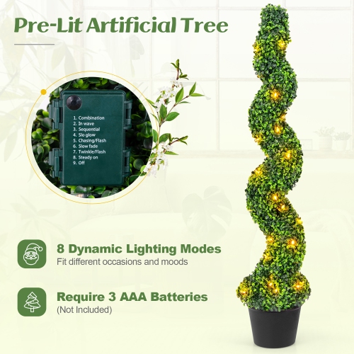 Gymax 47'' Pre-Lit Artificial Boxwood Spiral Topiary Tree Set of 2 w/ 100 LED Lights