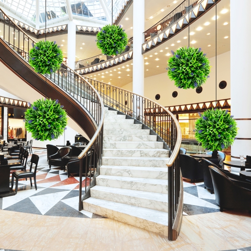 Gymax 2 PCS Artificial Lavender Topiary Balls 12 Inch Faux Hanging Plant Balls w/ Flowers