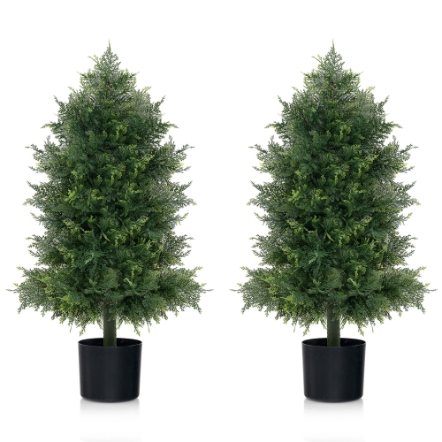Gymax 2PCS 31.5'' Artificial Cedar Topiary Tree Faux Indoor Floor Plant w/ Sturdy Trunk