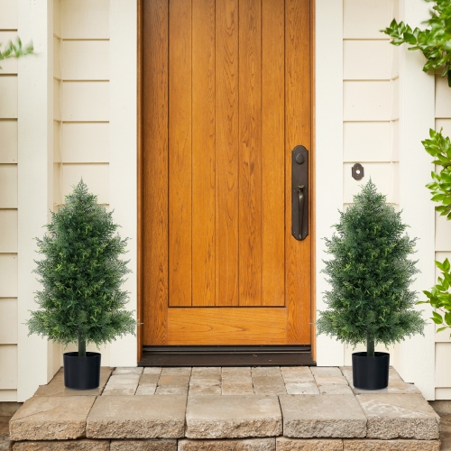 Gymax 2PCS 31.5'' Artificial Cedar Topiary Tree Faux Indoor Floor Plant w/ Sturdy Trunk