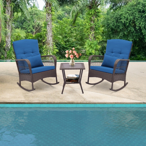 GYMAX  3 Pieces Rocking Bistro Set Pe Rattan Rocking Chairs W/ 2-Tier Coffee Table In Navy