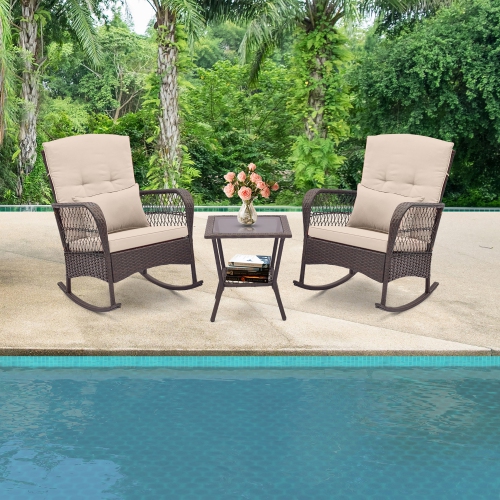 GYMAX  3 Pieces Rocking Bistro Set Pe Rattan Rocking Chairs W/ 2-Tier Coffee Table Mix In Brown