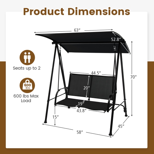 Gymax 2-Person Patio Swing Seat Swing Bench Canopy Swing Loveseat Outdoor