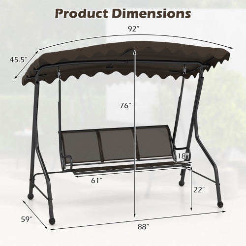 Gymax 3-Seat Outdoor Swing, Porch Canopy Swing w/ Adjustable Shading Breathable Seat