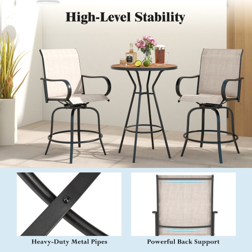 Gymax Outdoor Swivel Bar Stool Set of 2 w/Breathable Fabric and Heavy Duty Metal Frame
