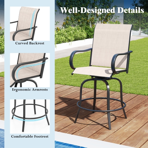Gymax Outdoor Swivel Bar Stool Set of 2 w/Breathable Fabric and Heavy Duty Metal Frame