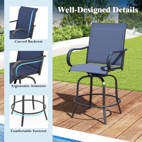 Gymax Outdoor Swivel Bar Stool Set of 2 w/Breathable Fabric and Heavy Duty Metal Frame