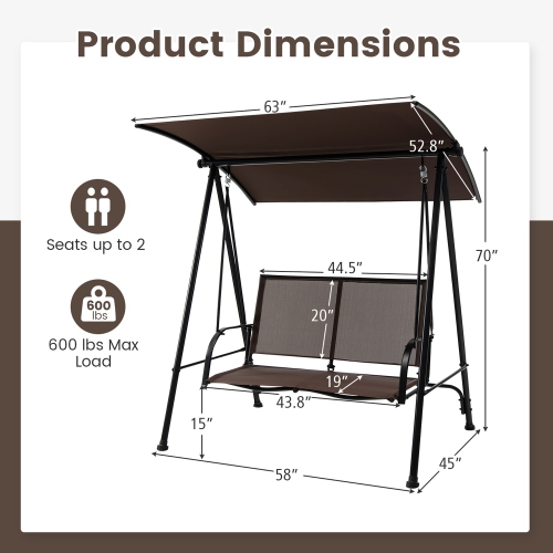 Gymax 2-Person Patio Swing Seat Swing Bench Canopy Swing Loveseat Outdoor