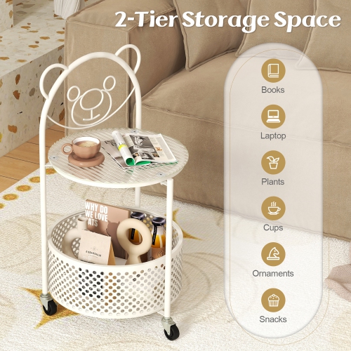 Gymax 2-Tier Mobile Glass Coffee Table w/ Bear Pattern Storage Basket