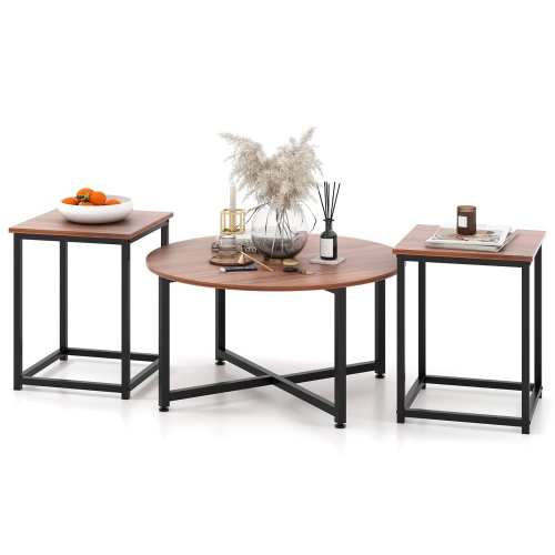 GYMAX  Round Nesting Table Set Of 3 Modern / Farmhouse Coffee Table W/2 End Tables