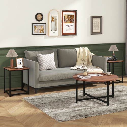 Gymax Round Nesting Table Set of 3 Modern / Farmhouse Coffee Table w/2 End Tables