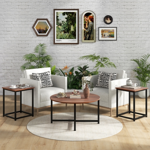 Gymax Round Nesting Table Set of 3 Modern / Farmhouse Coffee Table w/2 End Tables