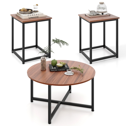 Gymax Round Nesting Table Set of 3 Modern / Farmhouse Coffee Table w/2 End Tables