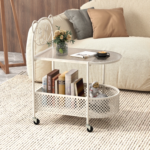 Gymax 2-Tier Mobile Glass Coffee Table w/ Bear Pattern Storage Basket