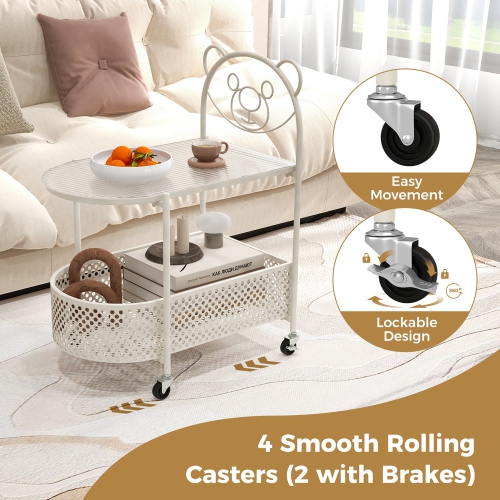 Gymax 2-Tier Mobile Glass Coffee Table w/ Bear Pattern Storage Basket