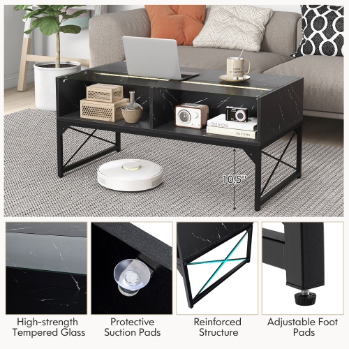 Gymax High-gloss LED Coffee Table w/ Faux Marble & Tempered Glass Top 4 Storage Cubes