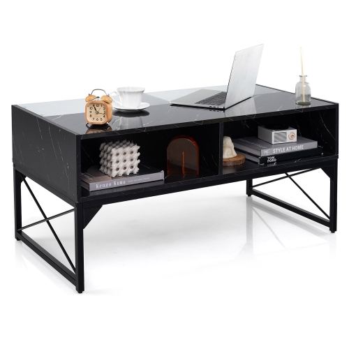 Gymax High-gloss LED Coffee Table w/ Faux Marble & Tempered Glass Top 4 Storage Cubes