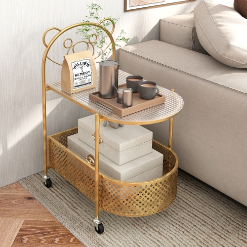 Gymax 2-Tier Mobile Glass Coffee Table w/ Bear Pattern Storage Basket