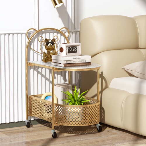 Gymax 2-Tier Mobile Glass Coffee Table w/ Bear Pattern Storage Basket