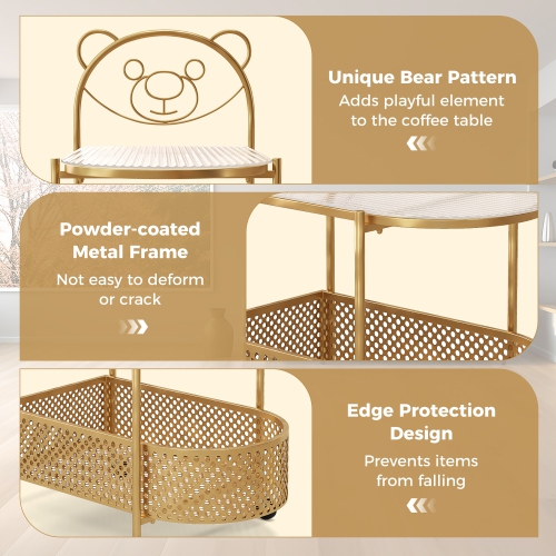 Gymax 2-Tier Mobile Glass Coffee Table w/ Bear Pattern Storage Basket