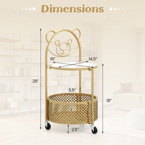 Gymax 2-Tier Mobile Glass Coffee Table w/ Bear Pattern Storage Basket