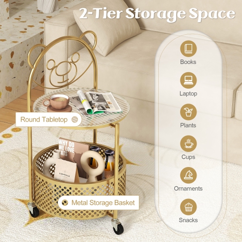 Gymax 2-Tier Mobile Glass Coffee Table w/ Bear Pattern Storage Basket