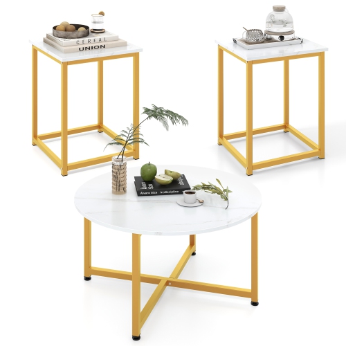 Gymax Round Nesting Table Set of 3 Modern / Farmhouse Coffee Table w/2 End Tables
