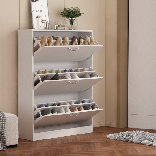 Famapy Sleek 3-Tier Shoe Storage Cabinet with Tilt-Out Drawers and Adjustable Compartments White