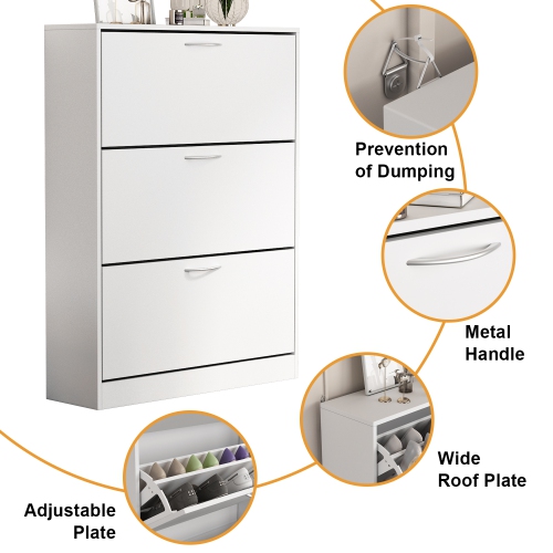 Famapy Sleek 3-Tier Shoe Storage Cabinet with Tilt-Out Drawers and Adjustable Compartments White