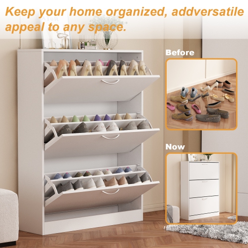 Famapy Sleek 3-Tier Shoe Storage Cabinet with Tilt-Out Drawers and Adjustable Compartments White