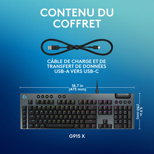 Clavier de jeu pleine grandeur avec fil rétroéclairé à commutateurs mécaniques tactiles GL G915 X de Logitech - Noir