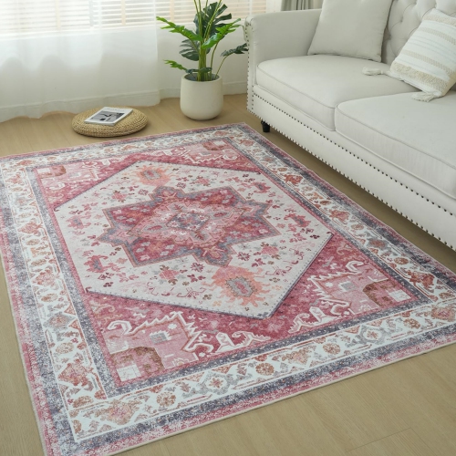 8' x 10' Medallion Rug for Bedroom Boho Distressed Washable Rug Large Non-Slip Area Rug Oriental Neutral Print Floor Rug Indoor Stain Resistant,