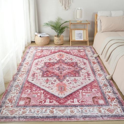 8' x 10' Medallion Rug for Bedroom Boho Distressed Washable Rug Large Non-Slip Area Rug Oriental Neutral Print Floor Rug Indoor Stain Resistant,