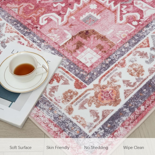 8' x 10' Medallion Rug for Bedroom Boho Distressed Washable Rug Large Non-Slip Area Rug Oriental Neutral Print Floor Rug Indoor Stain Resistant,