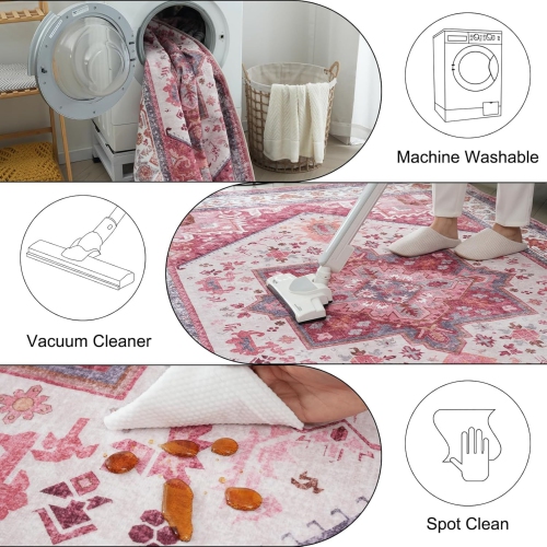 8' x 10' Medallion Rug for Bedroom Boho Distressed Washable Rug Large Non-Slip Area Rug Oriental Neutral Print Floor Rug Indoor Stain Resistant,