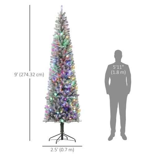 HOMCOM 9ft Pre-Lit Pencil Christmas Tree with Remote, Adjustable Brightness, Artificial Christmas Tree with 310 Dual Colour LEDs, 895 Tips, Metal