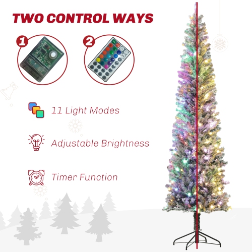 HOMCOM 9ft Pre-Lit Pencil Christmas Tree with Remote, Adjustable Brightness, Artificial Christmas Tree with 310 Dual Colour LEDs, 895 Tips, Metal