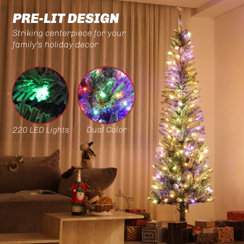 HOMCOM 7.5ft Pre-Lit Pencil Christmas Tree with Remote, Adjustable Brightness, Artificial Christmas Tree with 220 Dual Colour LEDs, 519 Tips, Metal