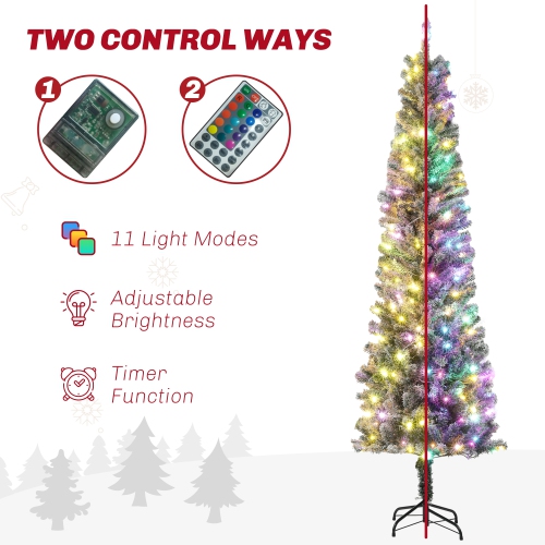 HOMCOM 7.5ft Pre-Lit Pencil Christmas Tree with Remote, Adjustable Brightness, Artificial Christmas Tree with 220 Dual Colour LEDs, 519 Tips, Metal
